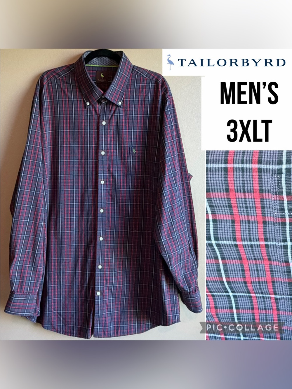 Tailorbyrd Mens Shirt Casual Button Down Red Gray Plaid Cotton Long Sleeve 3XLT